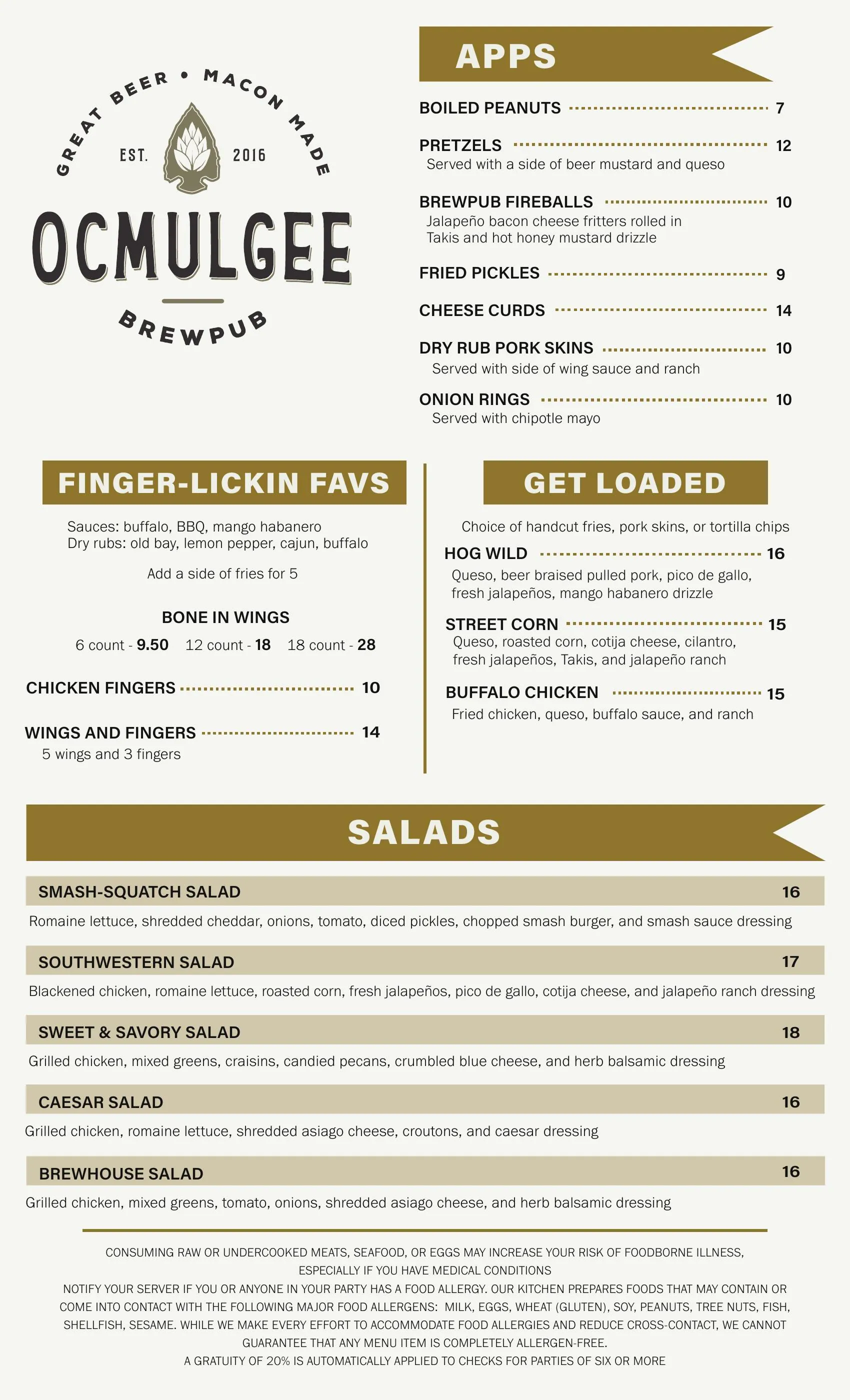 Ocmulgee Brewpub menu page 1