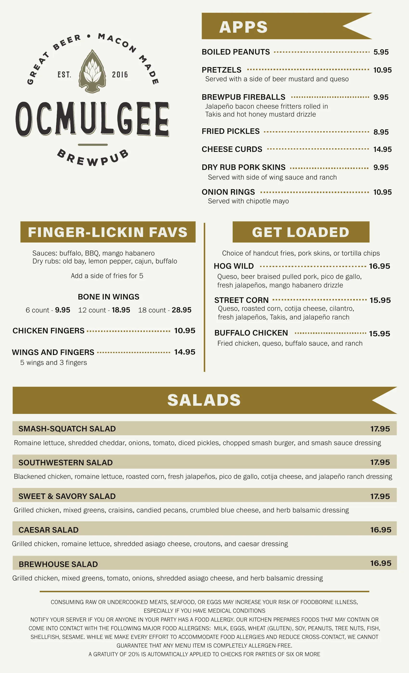 Ocmulgee Brewpub menu page 1