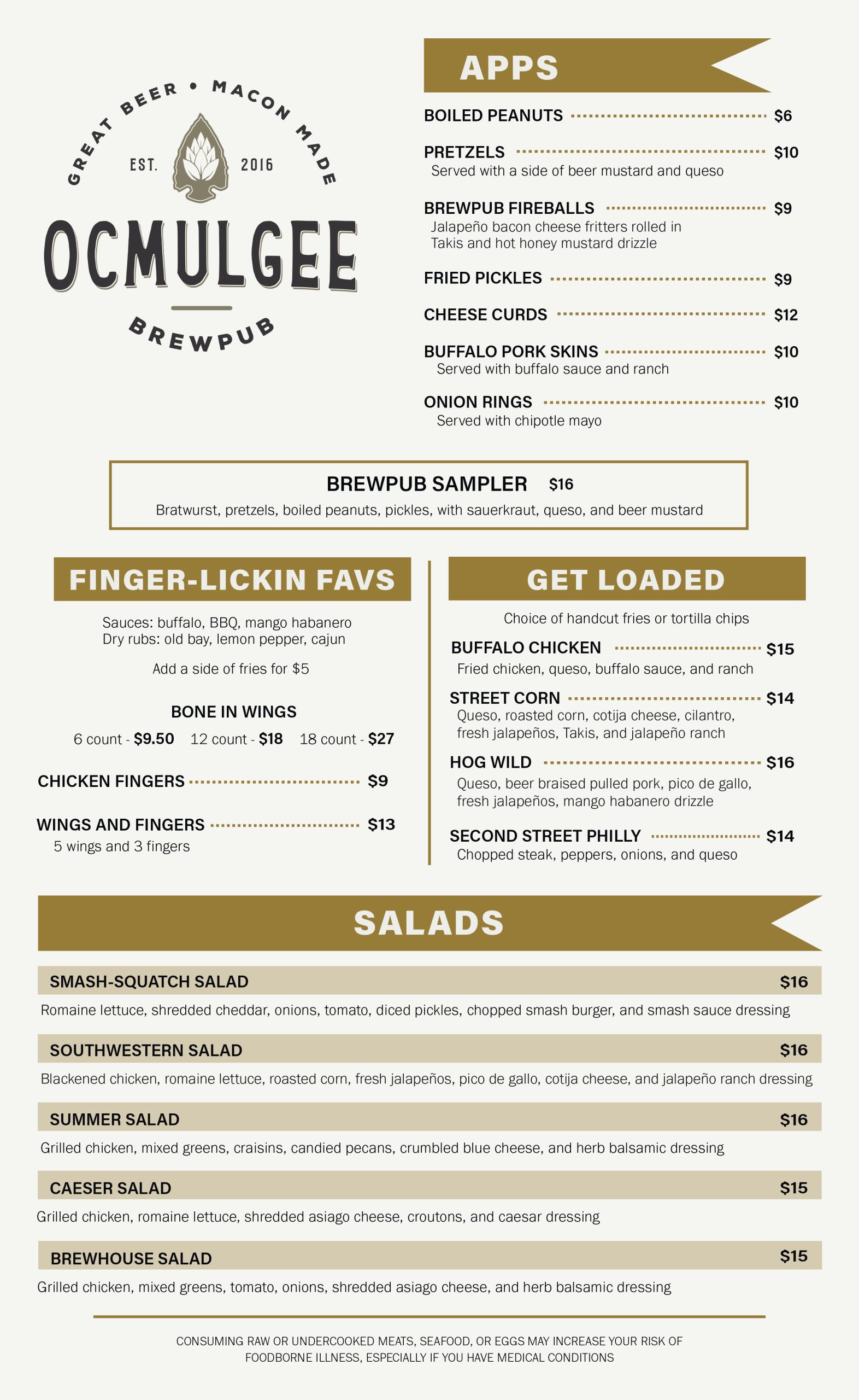 Ocmulgee Brewpub menu page 1